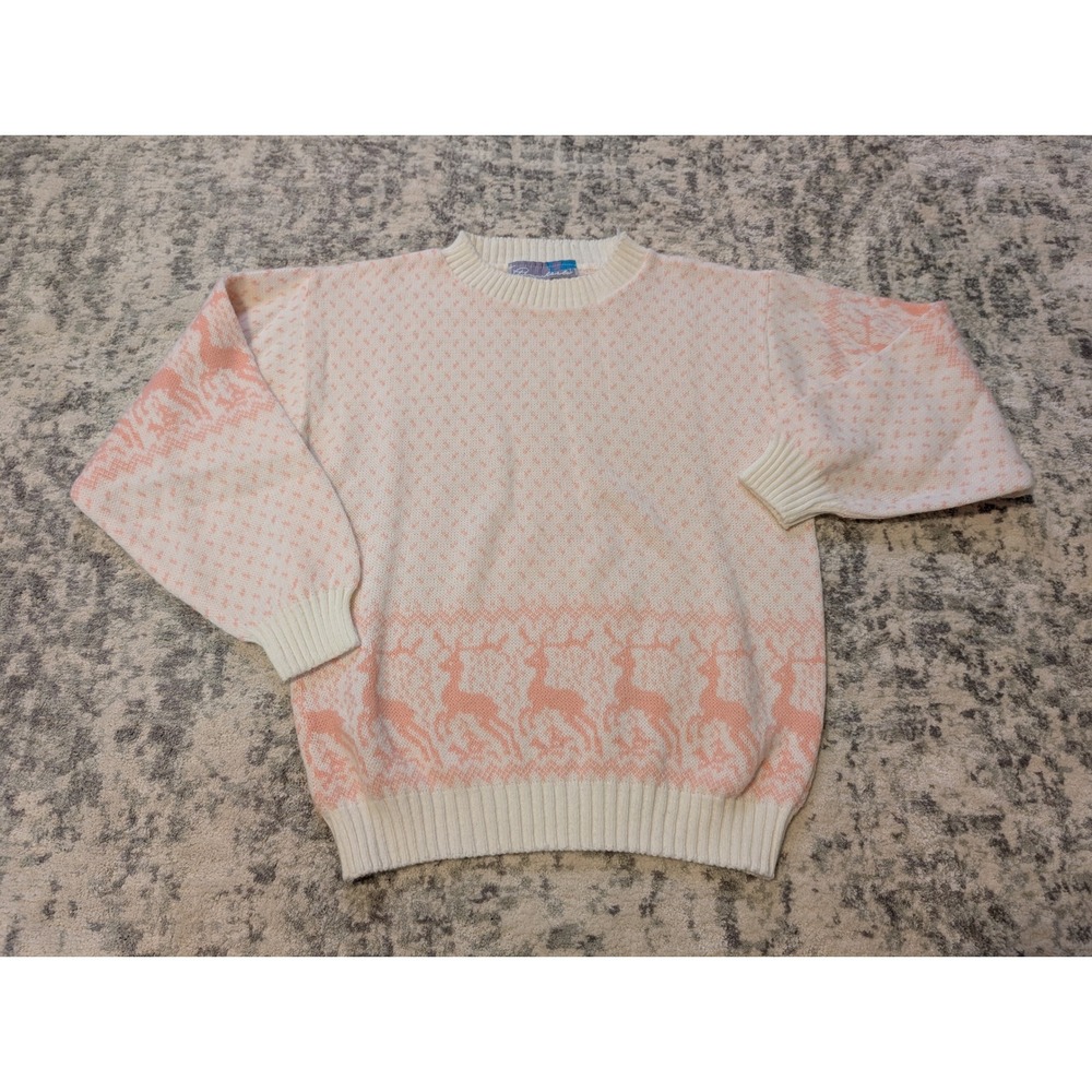 Pinkella VTG Women's Cream Pink Reindeer‎ Holiday Fair Isle Cottagecore Sweater